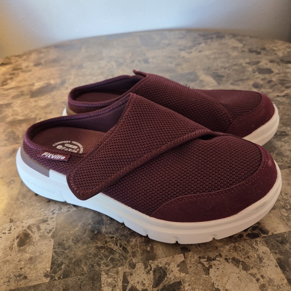 FitVille Women's Slip on Mules Sz 9EW wine red Diabetic Adjustable Shoe Easy Top
